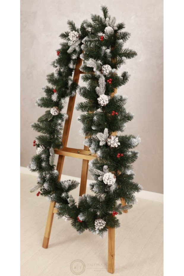 Гірлянда з хвої із засніженими шишками та червоною калиною 2,8м