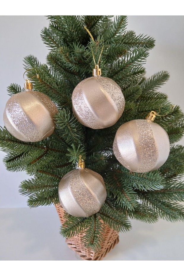 Набір ялинкових куль "Хвиля", матові + глітер, бежеві, пластик, 4 шт, D 8 см