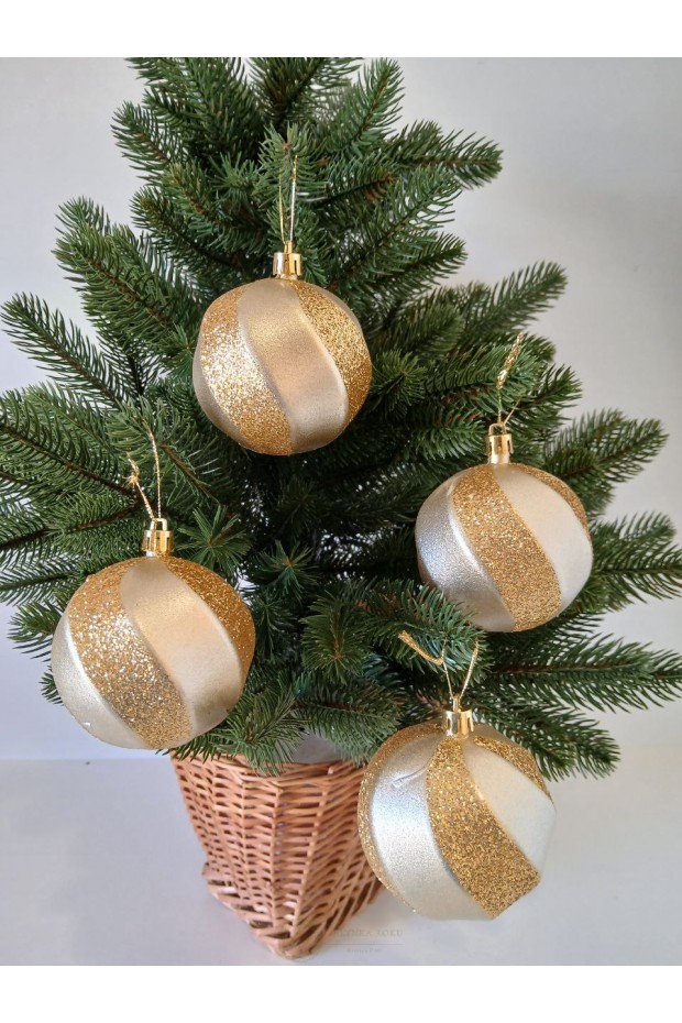 Набір ялинкових куль "Хвиля", матові + глітер, золоті, пластик, 4 шт, D 8 см