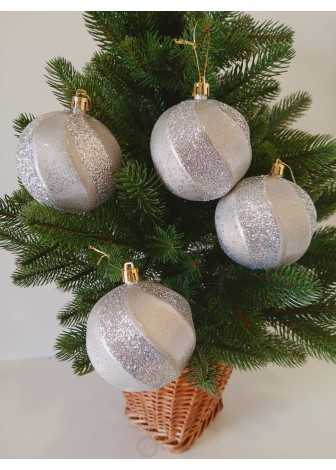 Набір ялинкових куль "Хвиля", матові + глітер, сірі, пластик, 4 шт, D 8 см