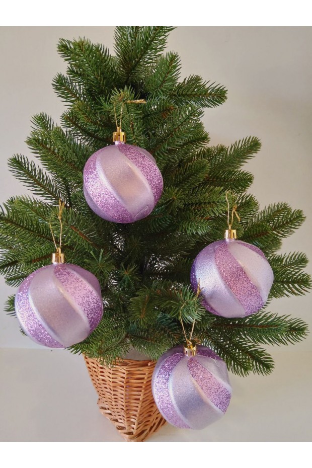 Набір ялинкових куль "Хвиля", матові + глітер, фіолетові, пластик, 4 шт, D 8 см