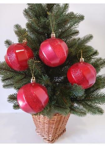 Набір ялинкових куль "Хвиля", глянцеві + глітер, червоні, пластик, 4 шт, D 8 см