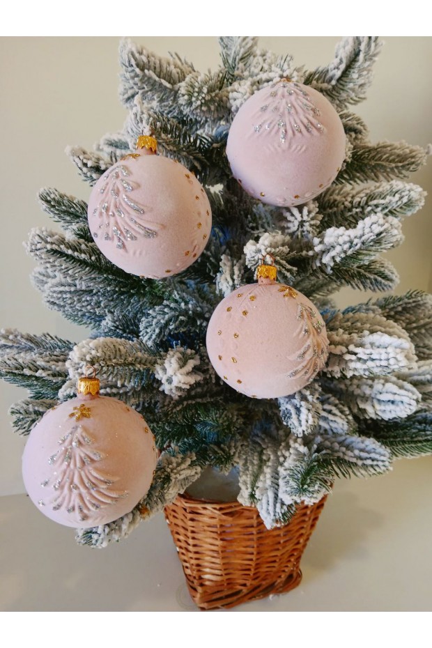 Набір ялинкових куль "Ялинка", оксамит, бежеві, пластик, 4 шт, D 8 см