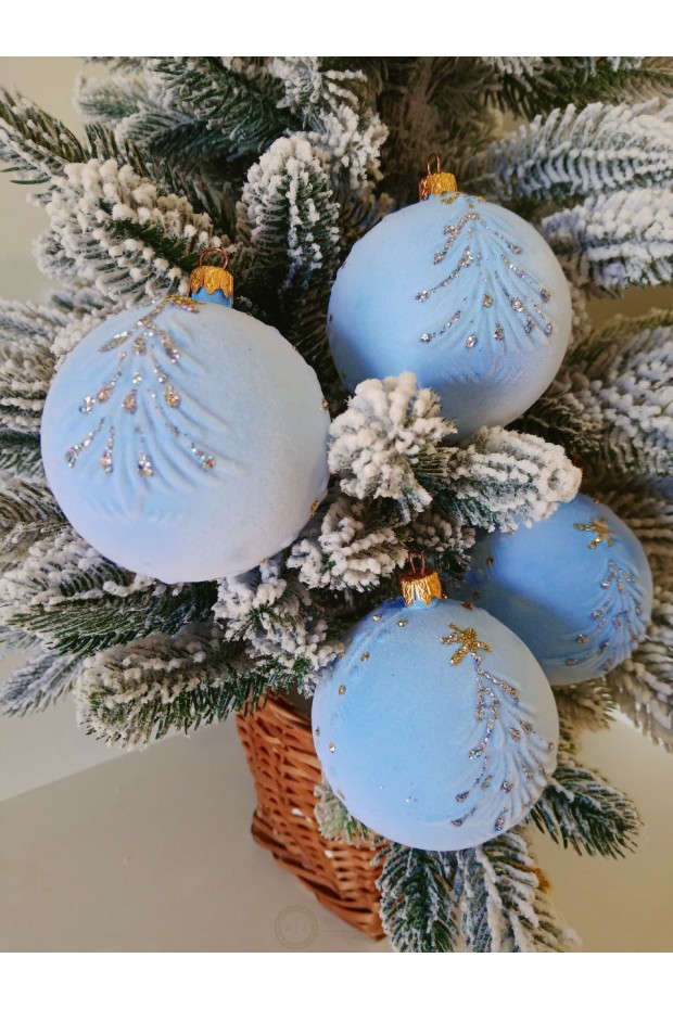 Набір ялинкових куль "Ялинка", оксамит, блакитні, пластик, 4 шт, D 8 см