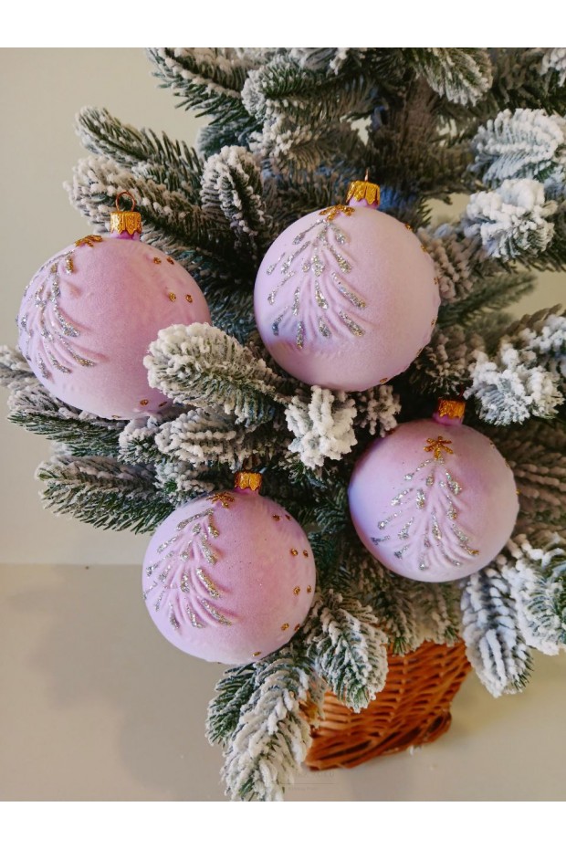Набір ялинкових куль "Ялинка", оксамит, бузкові, пластик, 4 шт, D 8 см