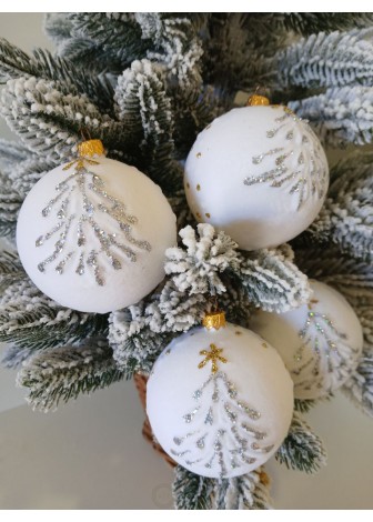 Набір ялинкових куль "Ялинка", оксамит, білі, пластик, 4 шт, D 8 см