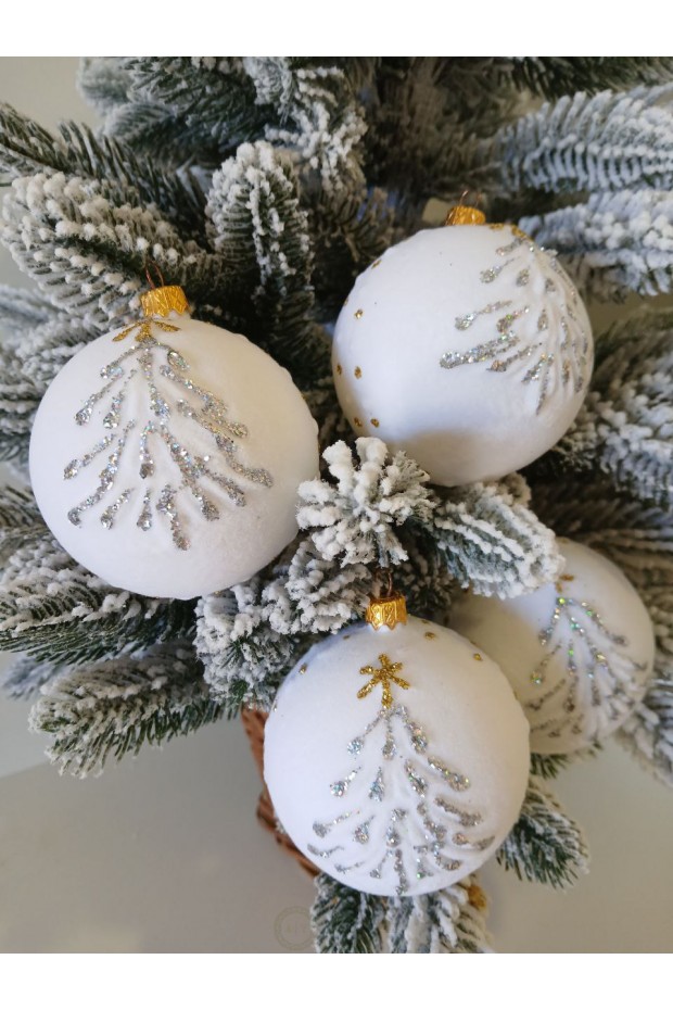Набір ялинкових куль "Ялинка", оксамит, білі, пластик, 4 шт, D 8 см