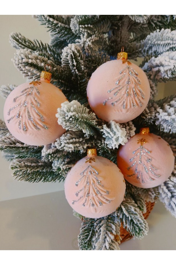 Набір ялинкових куль "Ялинка", оксамит, персикові, пластик, 4 шт, D 8 см