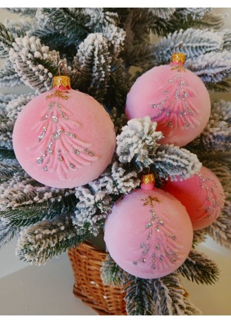 Набір ялинкових куль "Ялинка", оксамит, рожеві, пластик, 4 шт, D 8 см