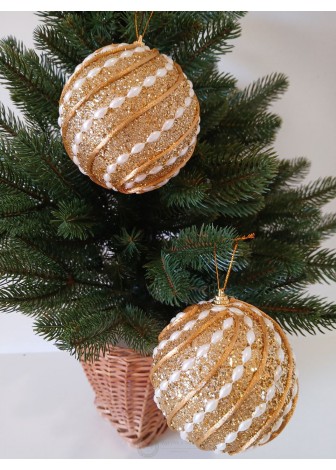 Набір ялинкових куль, золотисті з декором та блиском, пластик, 2 шт, D 10 см (SH198)