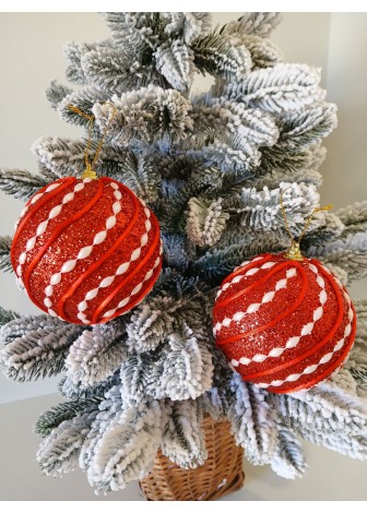 Набір ялинкових куль, червоні з декором та блиском, пластик, 2 шт, D 10 см (SH200)