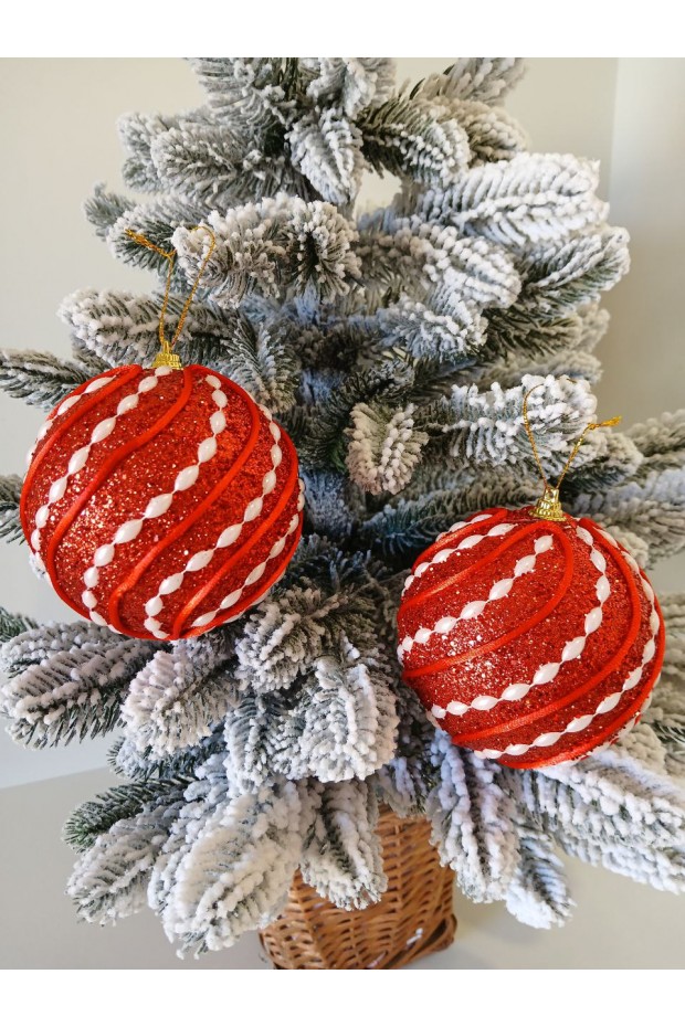 Набір ялинкових куль, червоні з декором та блиском, пластик, 2 шт, D 10 см (SH200)