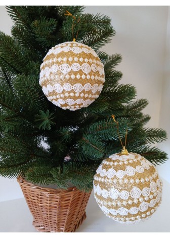 Набір ялинкових куль, золоті, декор із тасьми, пластик, 2 шт, D 10 см (SH210)