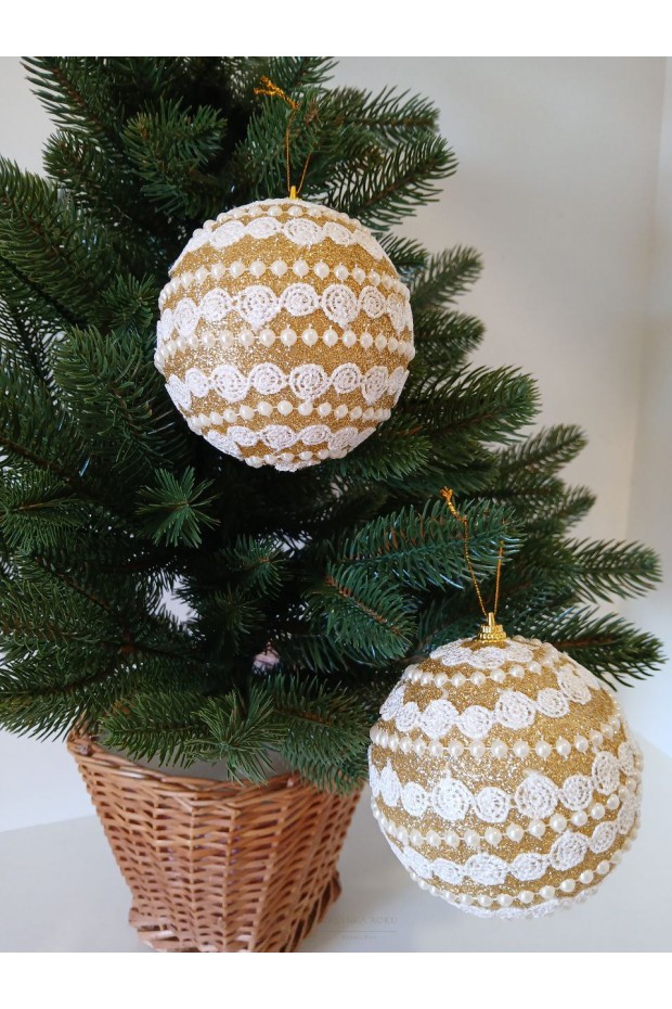 Набір ялинкових куль, золоті, декор із тасьми, пластик, 2 шт, D 10 см (SH210)