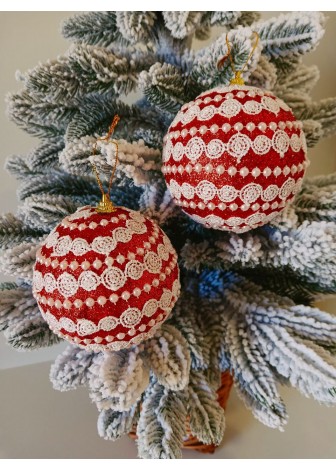 Набір ялинкових куль, червоні, декор із тасьми, пластик, 2 шт, D 10 см (SH212)