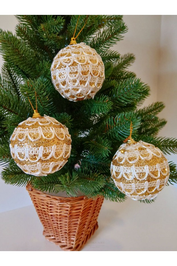 Набір ялинкових куль, золоті, декор із тасьми, пластик, 3 шт, D 8 см (SH215)