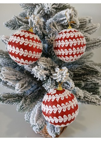 Набір ялинкових куль, червоні, декор із тасьми, пластик, 3 шт, D 8 см (SH221)