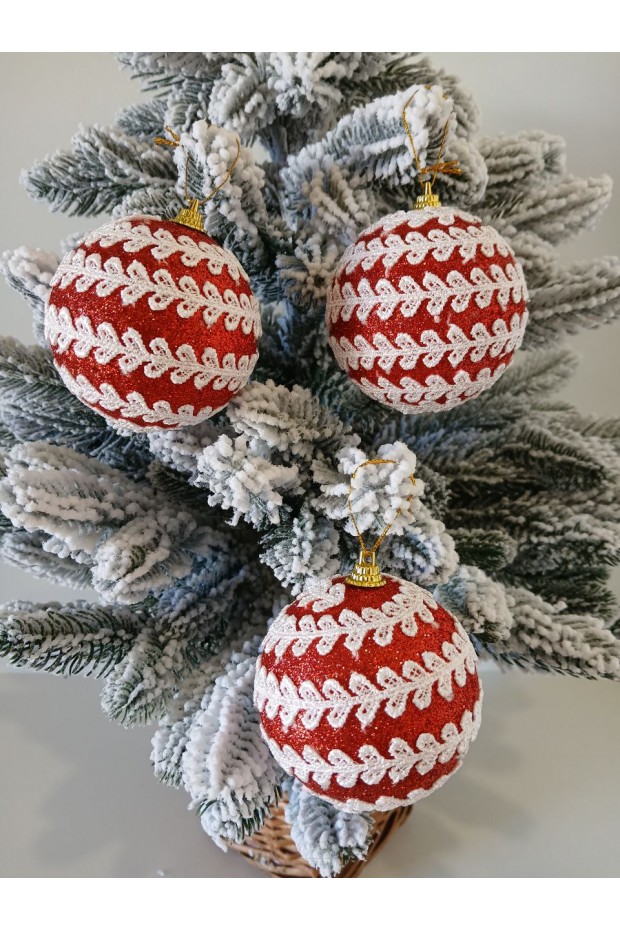 Набір ялинкових куль, червоні, декор із тасьми, пластик, 3 шт, D 8 см (SH221)