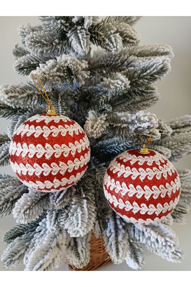 Набір ялинкових куль, червоні, декор із тасьми, пластик, 2 шт, D 10 см (SH222)