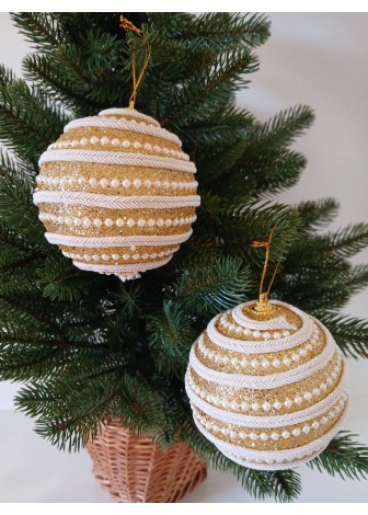 Набір ялинкових куль, золоті, декор із тасьми, пластик, 2 шт, D 10 см (SH224)