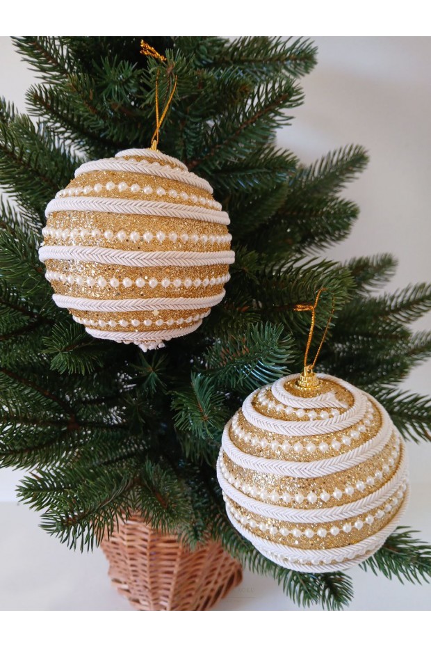 Набір ялинкових куль, золоті, декор із тасьми, пластик, 2 шт, D 10 см (SH224)