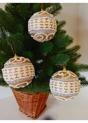 Набір ялинкових куль, золоті, декор із тасьми, пластик, 3 шт, D 8 см (SH227)