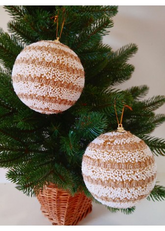 Набір ялинкових куль, засніжені, декор із тасьми, пластик, 2 шт, D 10 см (SH232)