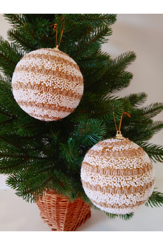 Набір ялинкових куль, засніжені, декор із тасьми, пластик, 2 шт, D 10 см (SH232)