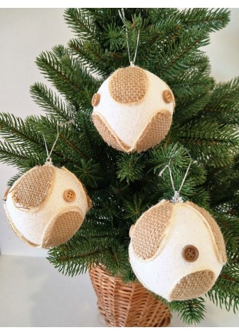 Набір ялинкових куль, білі, декор текстилем, пластик, 3 шт, D 8 см (SH243)