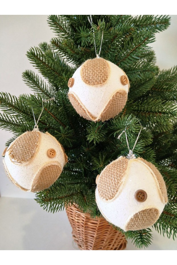 Набір ялинкових куль, білі, декор текстилем, пластик, 3 шт, D 8 см (SH243)