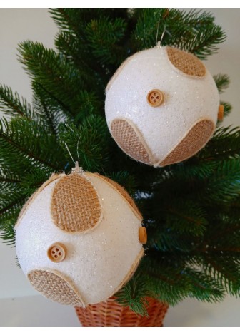 Набір ялинкових куль, білі, декор із текстилю, пластик, 2 шт, D 10 см (SH244)
