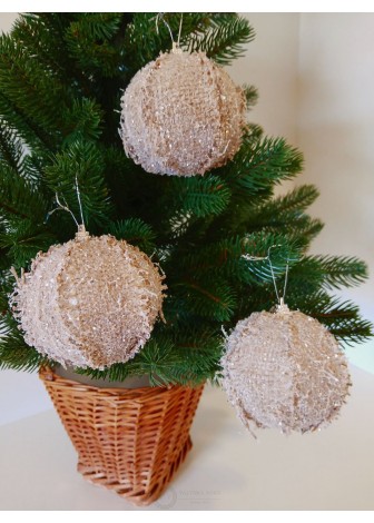 Набір ялинкових куль у мішковині, бежеві, пластик, 3 шт, D 8 см (SH251)