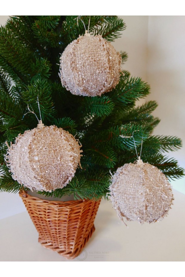 Набір ялинкових куль у мішковині, бежеві, пластик, 3 шт, D 8 см (SH251)