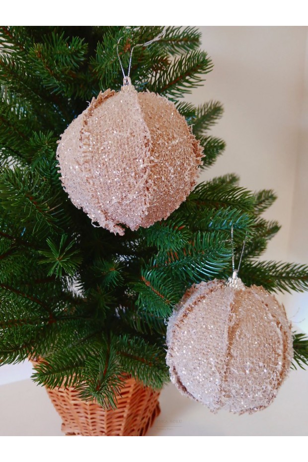 Набір ялинкових куль у мішковині, бежеві, пластик, 2 шт, D 10 см (SH252)