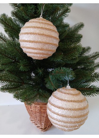 Набір ялинкових куль, бежеві із золотою тасьмою, пластик, 2 шт, D 10 см (SH254)