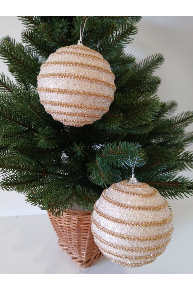 Набір ялинкових куль, бежеві із золотою тасьмою, пластик, 2 шт, D 10 см (SH254)