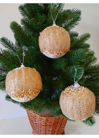 Набір ялинкових куль в ажурі, бежево-золоті, пластик, 3 шт, D 8 см (SH255)