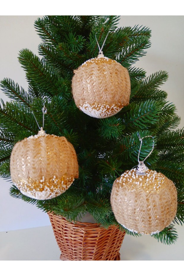 Набір ялинкових куль в ажурі, бежево-золоті, пластик, 3 шт, D 8 см (SH255)