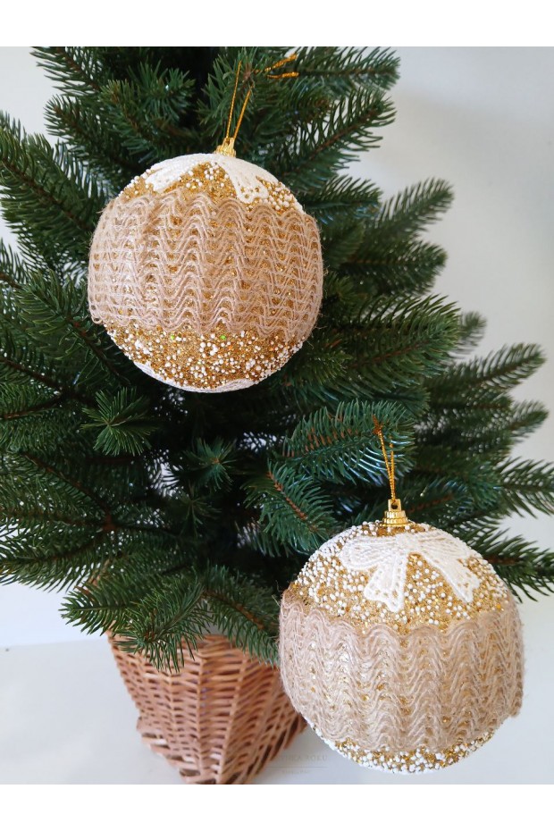 Набір ялинкових кульок в ажурній в'язці, золоті, пластик, 2 шт, D 10 см (SH256)