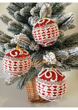 Набір ялинкових куль, червоні з білим орнаментом, пластик, 3 шт, D 8 см (SH257)