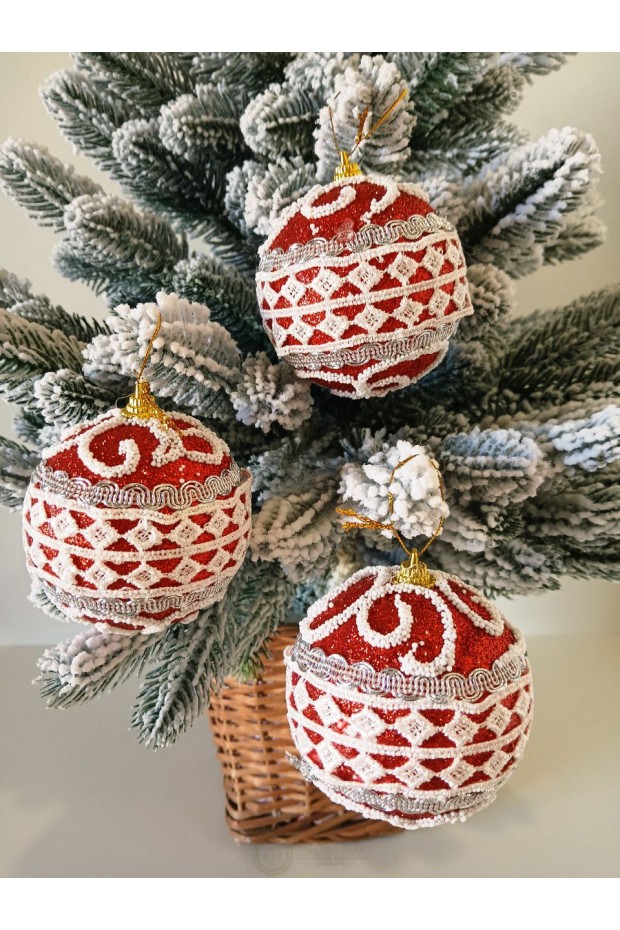 Набір ялинкових куль, червоні з білим орнаментом, пластик, 3 шт, D 8 см (SH257)