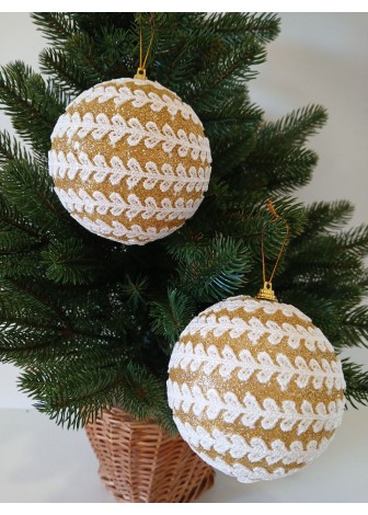 Набір ялинкових куль, золоті з білим орнаментом, пластик, 2 шт, D 10 см (SH260)