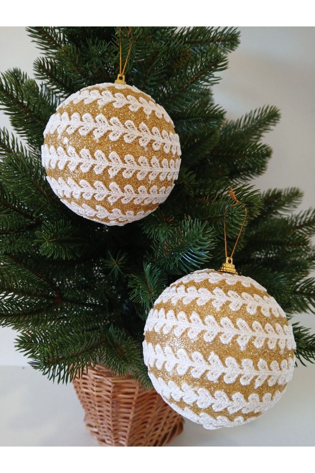 Набір ялинкових куль, золоті з білим орнаментом, пластик, 2 шт, D 10 см (SH260)