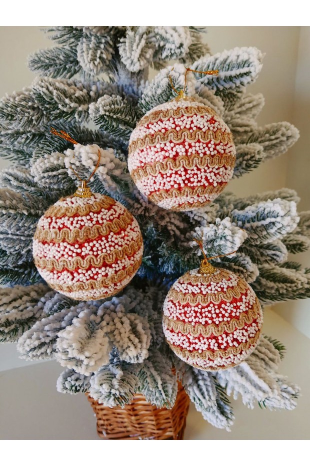 Набір ялинкових куль, червоні в сніговій крихті, пластик, 3 шт, D 8 см (SH261)