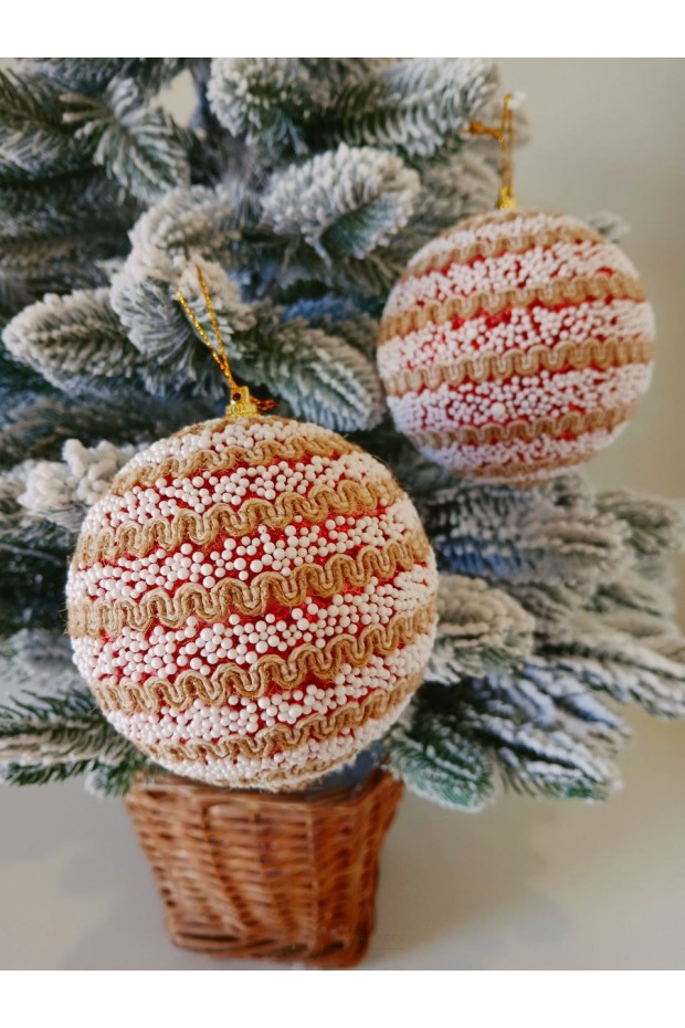 Набір ялинкових куль, червоні в сніговій крихті, пластик, 2 шт, D 10 см (SH262)