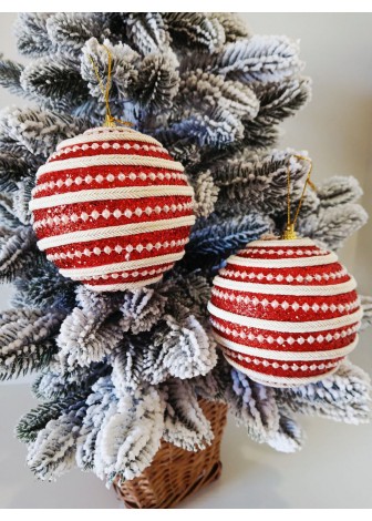 Набір ялинкових куль, червоні з білим орнаментом, пластик, 2 шт, D 10 см (SH266)