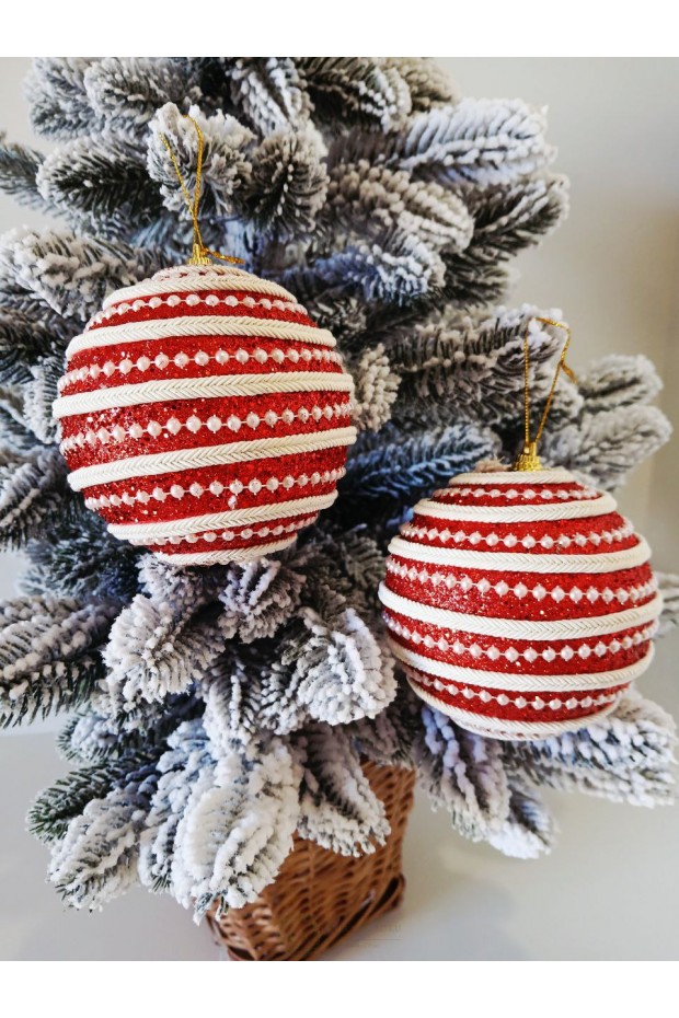 Набір ялинкових куль, червоні з білим орнаментом, пластик, 2 шт, D 10 см (SH266)