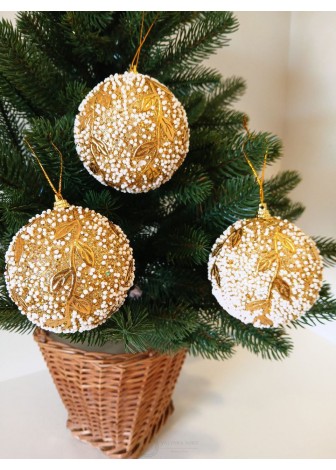 Набір ялинкових куль, золоті в сніговій крихті, пластик, 3 шт, D 8 см (SH269)