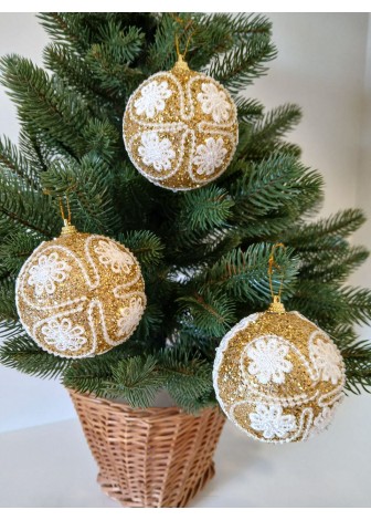 Набір ялинкових куль, золоті з білим квітковим візерунком, пластик, 3 шт, D 8 см (SH271)