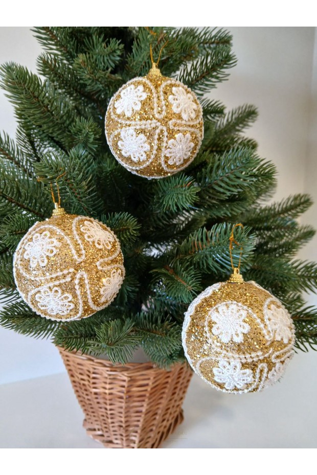Набір ялинкових куль, золоті з білим квітковим візерунком, пластик, 3 шт, D 8 см (SH271)